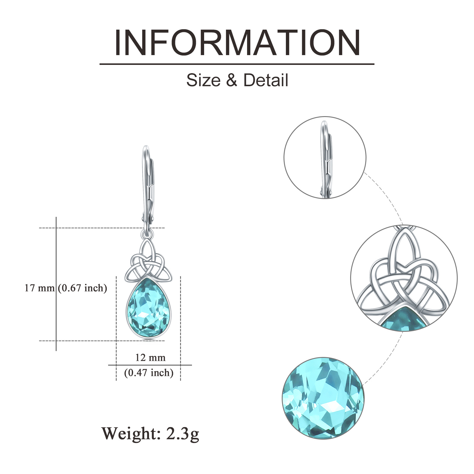 Women's 925 Sterling Silver Celtic Knot Aquamarine Drop Earrings, March Birthstone